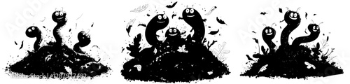 In soil, a cartoon compost worm is shown alongside modern funny earthworm characters, isolated with smiling faces, sticking out of a compost pile containing organic waste, emphasizing their utility