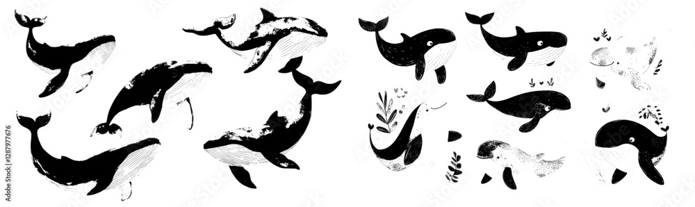 Ocean mammal creatures, like sperm and bowhead whale personages, are illustrated as friendly aquatic characters, surrounded by water fountains, in cartoon game design Ocean mammal creatures, like sperm and bowhead whale personages, are illustrated as friendly aquatic characters, surrounded by water fountains, in cartoon game design