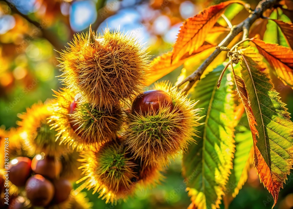 Autumnal Chestnut Tree Branches with Burrs and Leaves