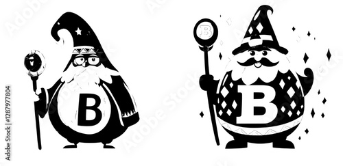 A modern thiamine capsule is held by a cartoon vitamin B1 character, who is dressed as a magical food supplement personage with a beard, wearing a cloak and a pointed hat adorned with stars, isolated