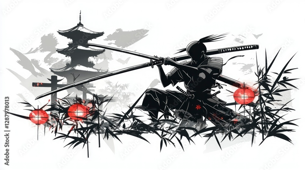 Samurai Warrior in Bamboo Forest with Pagoda Background - Japanese Art Illustration Samurai Warrior in Bamboo Forest with Pagoda Background - Japanese Art Illustration