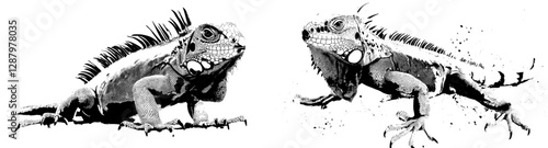 A green reptile or lizard animal, depicted as a cartoon iguana mascot, represents a sport team club in modern emblems for various sports