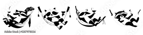 A cartoon raccoon character is depicted relaxing in a hammock while enjoying a juice or cocktail, embodying a modern and cute animal mascot, particularly one on holiday or summer vacation