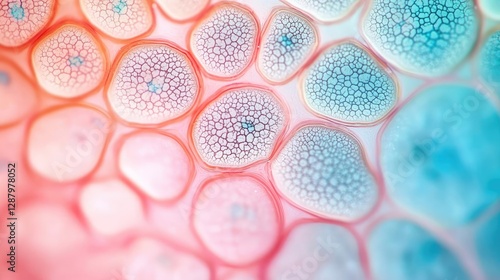 Ocean acidification idea. Abstract close-up of colorful cells with intricate patterns and textures.