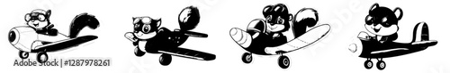 A cartoonish squirrel character, embodying cuteness, is situated on an airplane, where a youthful pilot, an animal itself, is set to bring thrill and delight, poised to undertake an exhilarating