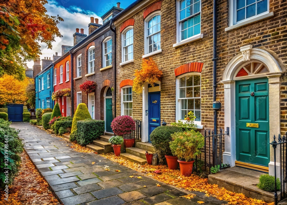 Fototapeta premium Charming London Terraced Houses, Classic English Architecture, Row Houses, UK Cityscape