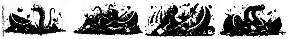 Obraz premium A cartoon earthworm is depicted in compost soil, symbolizing farming and gardening's use of natural fertilizer, soil renewal in agriculture, and the ecological concept of organic waste recycling with