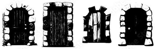 A medieval castle's entrance features a wooden door with a stone arch, blending cartoon-like modernity with ancient charm, complete with an iron handle and lock on a dungeon or antique house door