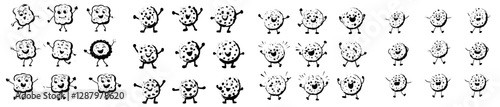 Funny cartoon characters of cookies, crackers, and gingerbread cookies are depicted as smiling personages