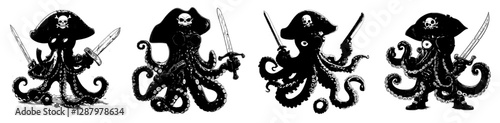 A menacing cartoon pirate, depicted as an octopus, brandishes a gun and saber, with its tentacles swirling mischievously as it prepares for a high-seas adventure