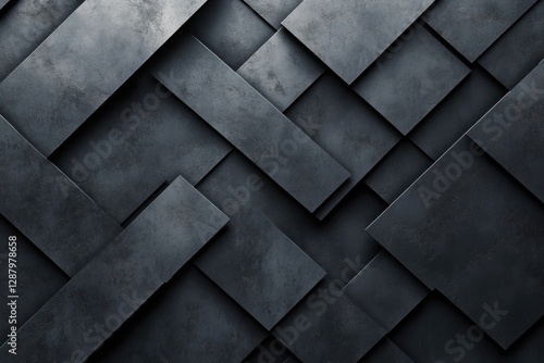 Abstract Dark Grey Geometric Pattern:  Overlapping Rectangular Shapes, Textured Metal, Industrial Design Background