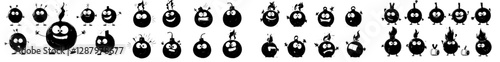 Cartoon characters depicting bombs with fuses, explosive weapons, and bursting icons are modern symbols, including bombs with smiling faces and cute, funny explosion emoticons