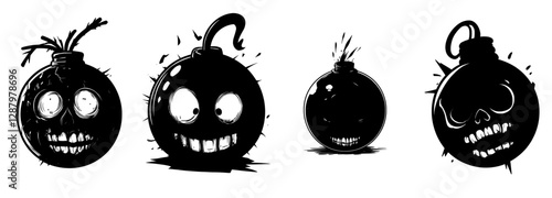 A menacing cartoon bomb in the form of a pirate cannonball, made from iron and bearing battle scars, features a rough surface adorned with a skull and rope fuse that recounts stories of high seas