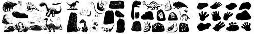 Ancient dinosaur footprints are found in archaeology fossils of creatures like Iguanodon, Brachiosaurus, Triceratops, or Stegosaurus, as well as Velociraptor, Oviraptorosaurus, Tyrannosaurus, and
