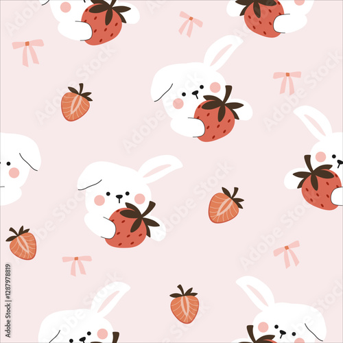 rabbits with strawberries and bows seamless pattern , vector , illustration