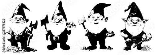 A cartoon gnome or dwarf miner character is triumphantly holding a gleaming gold nugget, isolated in a modern and curious persona with a pickaxe and pointed hat, ready to unearth treasures in a