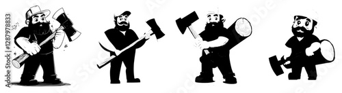 A modern, isolated character, depicted as a cartoon gnome or dwarf lumberjack, sports a bushy beard, wears a red shirt, and wields an oversized axe, embodying charm and mischief while evoking a sense