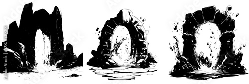 A cartoon magic portal in a fantasy game serves as an ancient door leading to a fantastic world, which could be a fairy planet vortex, a parallel dimension, or a stone door that facilitates