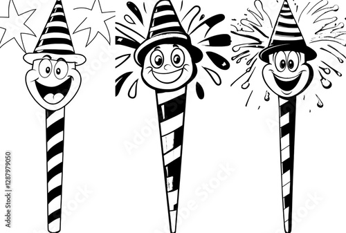 The isolated, retro cartoon firework character exudes a funky, carefree spirit with its vibrant appearance and psychedelic smile, perfect for a party celebration with a 60s or 70s twist