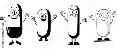 A cartoon character from the 70s is depicted as a hippie with a funky face and a retro pill, showcased in a modern and humorous art style, alongside a groovy cactus pill with a silly smile that is
