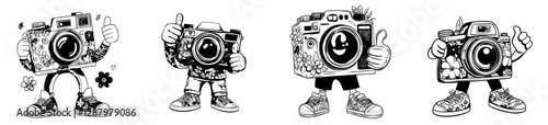 A retro-style cartoon character representing a groovy photo camera is depicted in a modern and funky, hippie-inspired way, adorned with bright daisy flowers, stars, and a playful smile as it presses
