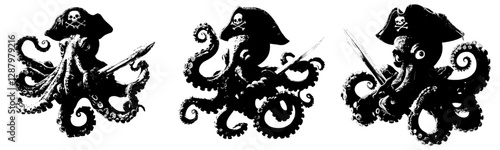 The character of a cartoon octopus pirate is illustrated with a treasure chest and saber, featuring a modern comic sea devilfish personage that wears a smile and sailor bandana and defends its