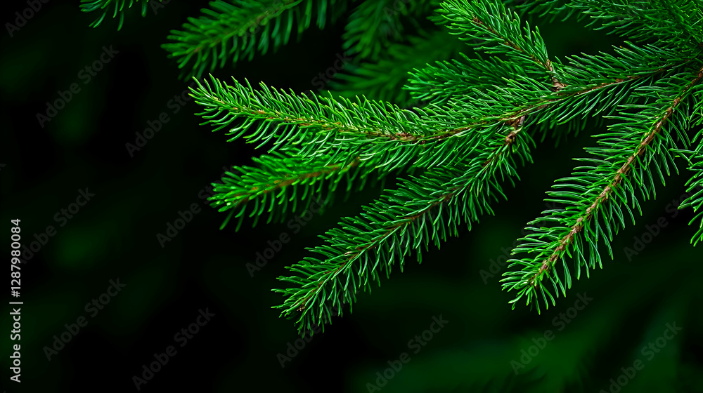 Closeup of Lush Green Pine Branch Against Dark Background Closeup of Lush Green Pine Branch Against Dark Background