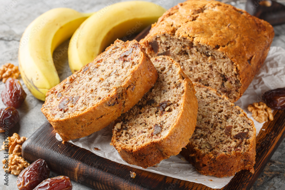 banana walnut date loaf is a flavorful and healthy bread featuring honey, olive oil and warming spices closeup on the wooden board on the table. Horizontal