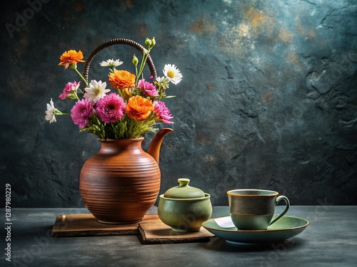 Wallpaper Mural Minimalist Still Life: Flowers, Tea Set & Slate Torontodigital.ca