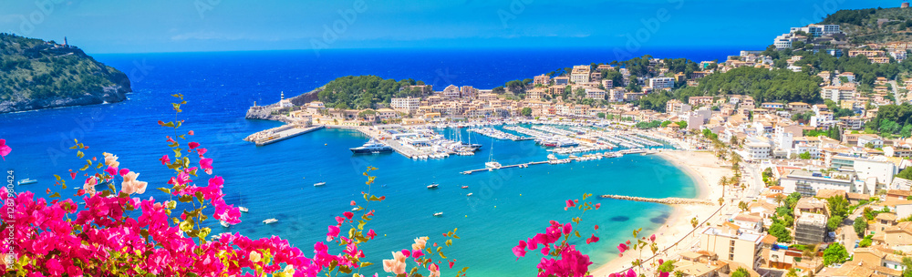 Obraz premium view of Port Soller harbour from above, Mallorca at summer with flowers, Spain, web banner