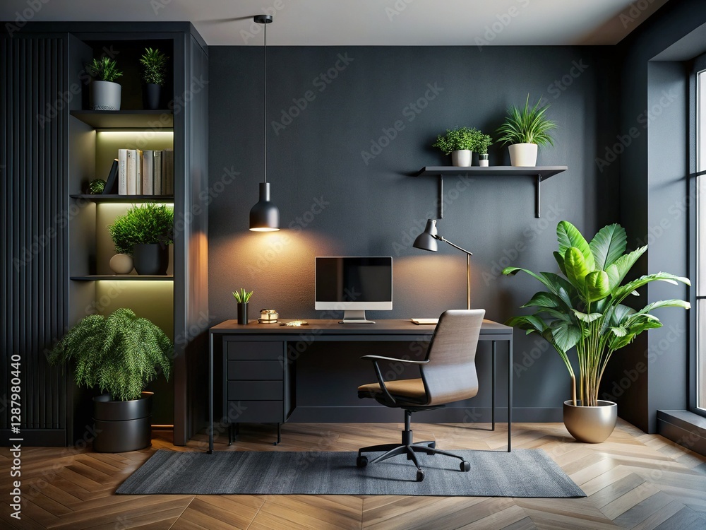 Fototapeta premium Modern Dark Room Interior Design: Stylish Home Office Setup with Ambient Lighting