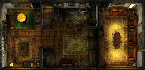 Top-Down View of a Two Room Game Map: Brown Wooden Floors, Ornate Rugs, and Dim Lighting