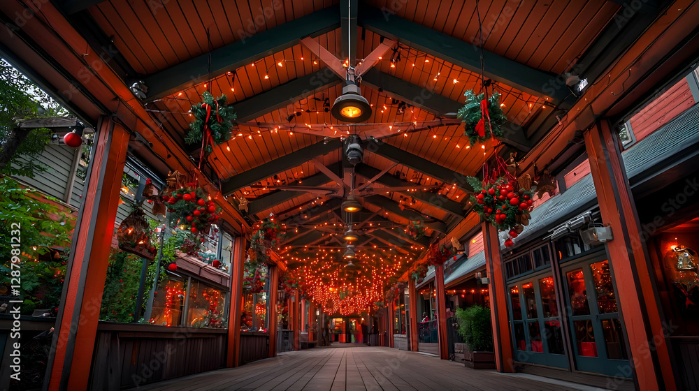 Festive Christmas Arcade Passageway with Warm Lighting