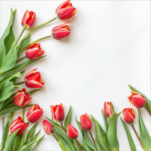 Fresh red tulips arranged beautifully on white background, creating vibrant and cheerful atmosphere