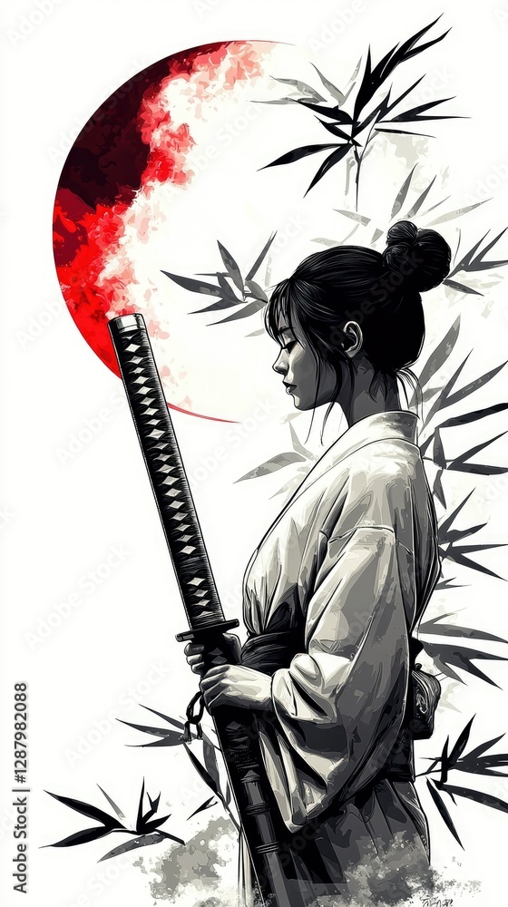 Naklejka premium Elegant Samurai Woman with Katana under a Blood Red Moon and Bamboo
