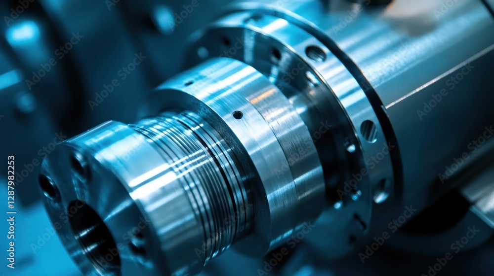 Close-up of a high-precision CNC machine component on a vibrant blue background Close-up of a high-precision CNC machine component on a vibrant blue background