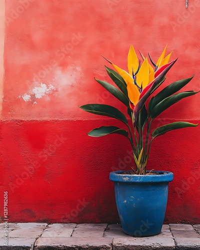 Vibrant bird of paradise plant, terracotta wall, patio garden photo