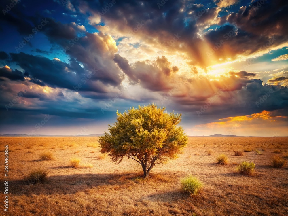 Obraz premium Solitary Shrub in Vast Landscape - Isolated Bush Stock Photo