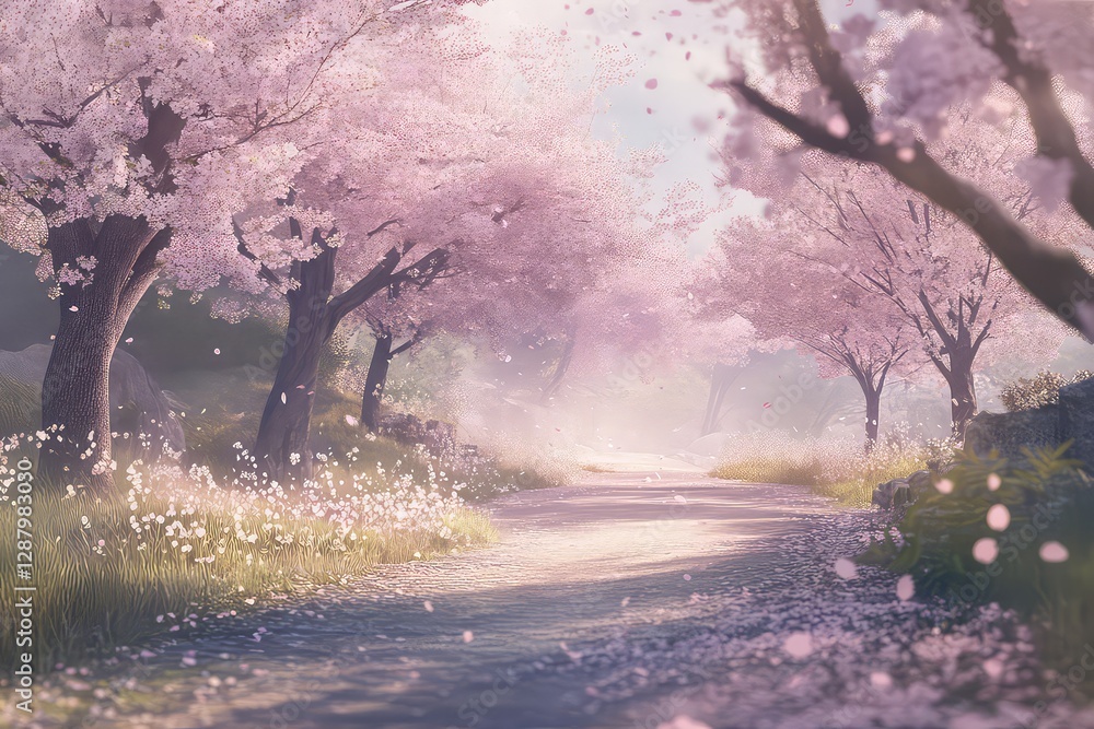 Obraz premium A dreamy springtime scene of a park lined with cherry blossom trees in full bloom, soft pink petals falling gently to the ground.