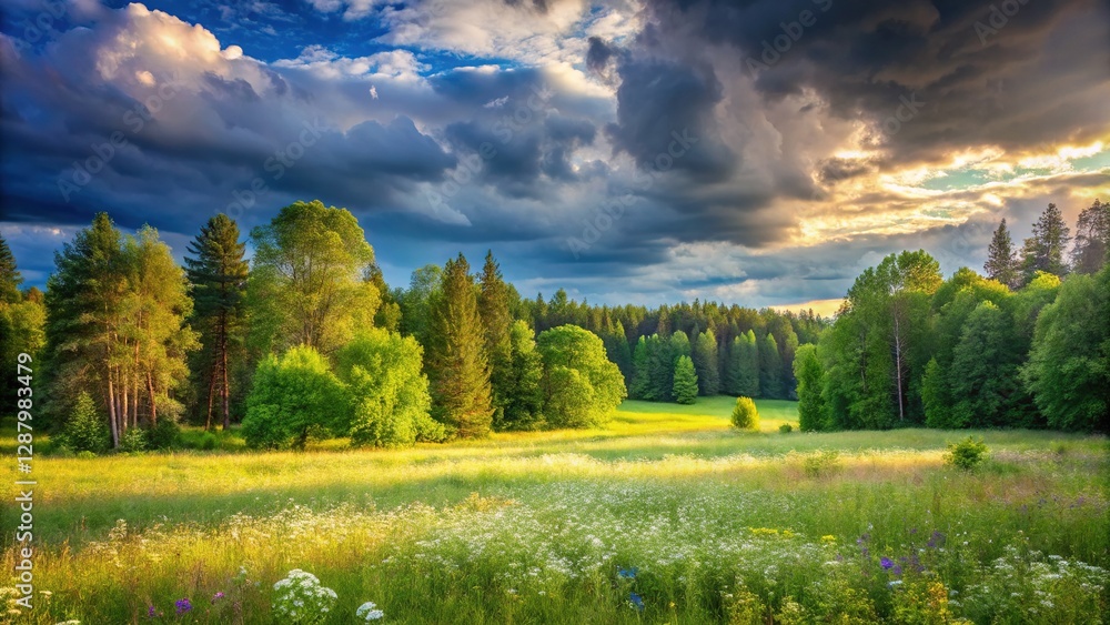 Obraz premium Summer Meadow, Cloudy Sky, Lush Green Forest - Nature Stock Photo