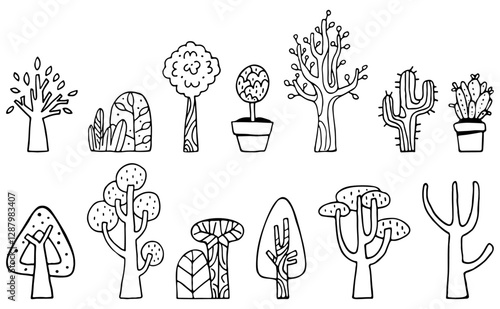 Série d'arbres dessinés à la main, vecteur sur le thème de la nature, du jardinage et de la forêt, dessin au trait en noir et blanc d'éléments graphiques, icône et clip art pour composition graphique