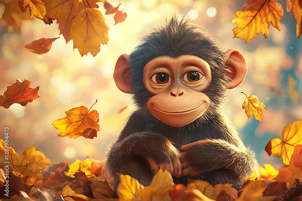 Fototapeta premium A cheerful monkey surrounded by autumn leaves, evoking a playful and warm atmosphere.