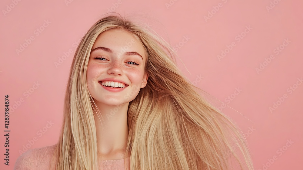 Fototapeta premium Happy blonde woman with long hair smiling against pink background.