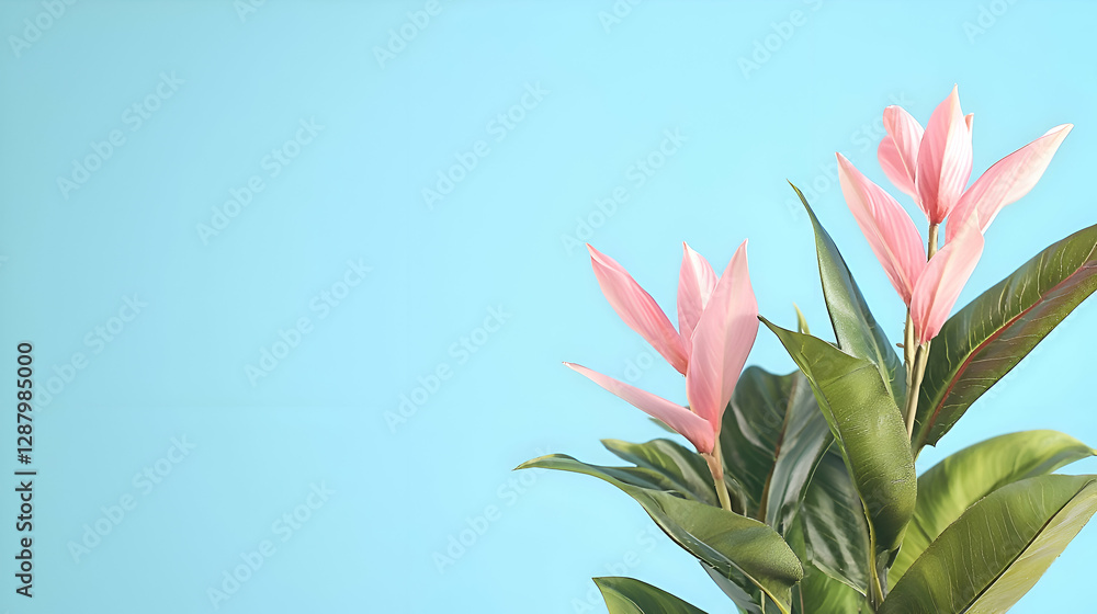 Pink Flowers and Green Leaves Against a Blue Background Pink Flowers and Green Leaves Against a Blue Background