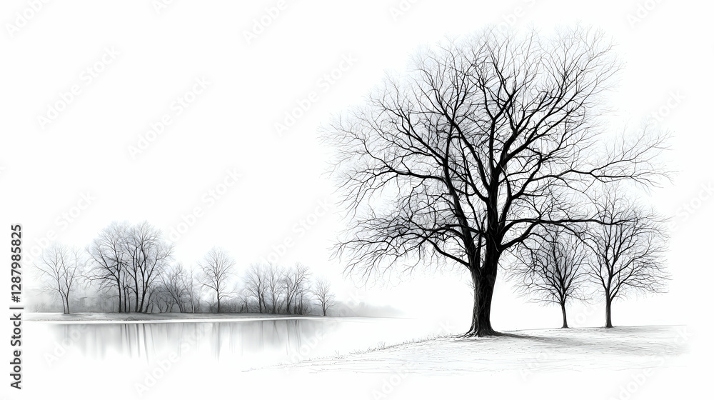 Fototapeta premium Winter Landscape with Silhouetted Trees and Water Reflection