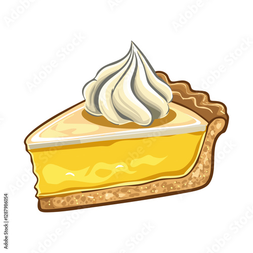 Lemon tart vector illustration. Traditional French pie on isolated background. Classic cake with meringue for menu and recipes.