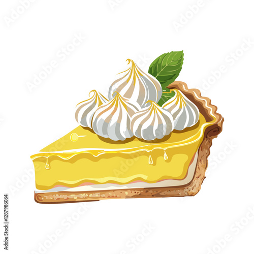Lemon tart vector illustration. Traditional French pie on isolated background. Classic cake with meringue for menu and recipes.