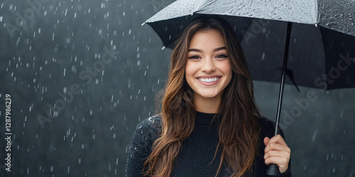 woman holding umbrella smiles joyfully in rain, showcasing happiness and resilience