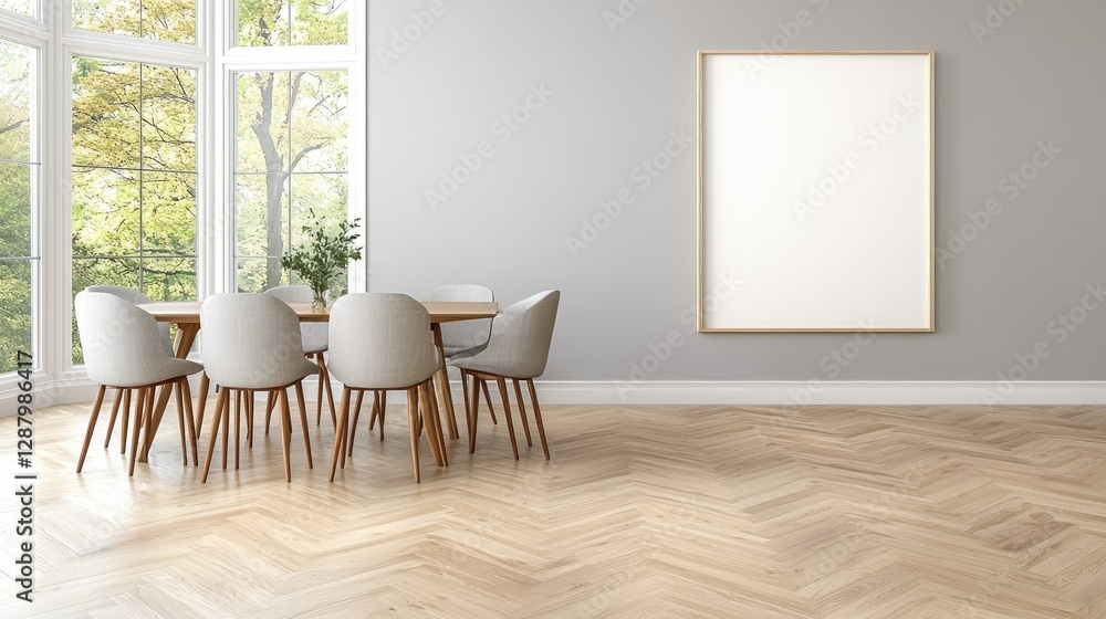 Fototapeta premium Modern dining room interior design, large blank poster, parquet flooring, autumnal window view, home decor