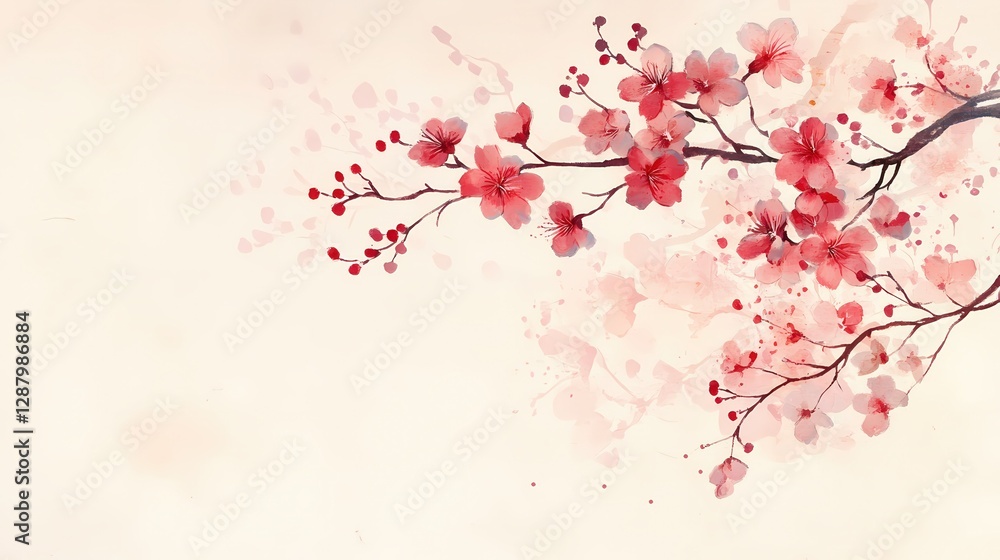 Delicate watercolor painting of a blossoming cherry branch. Soft pinks and reds on a cream background create a serene and romantic mood. Delicate watercolor painting of a blossoming cherry branch. Soft pinks and reds on a cream background create a serene and romantic mood.